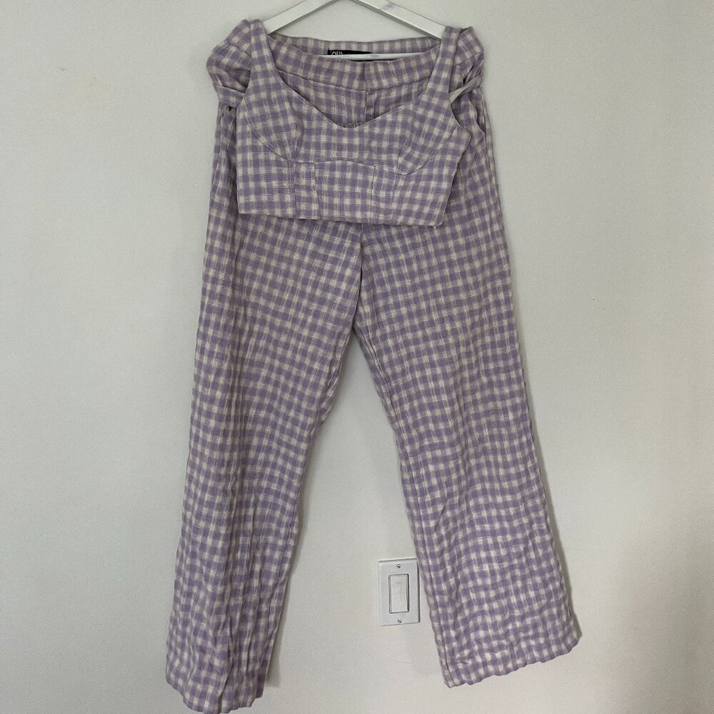 Zara Lilac Gingam High Waisted Pants and Matching Top
